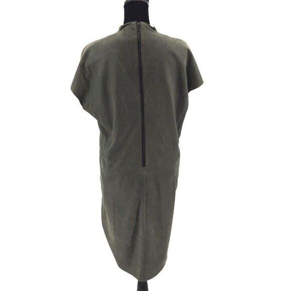 Schai Womens Goat Suede Leather Exposed Back Zip Cap Sleeve Shift Dress Green/Gr - Picture 5 of 11